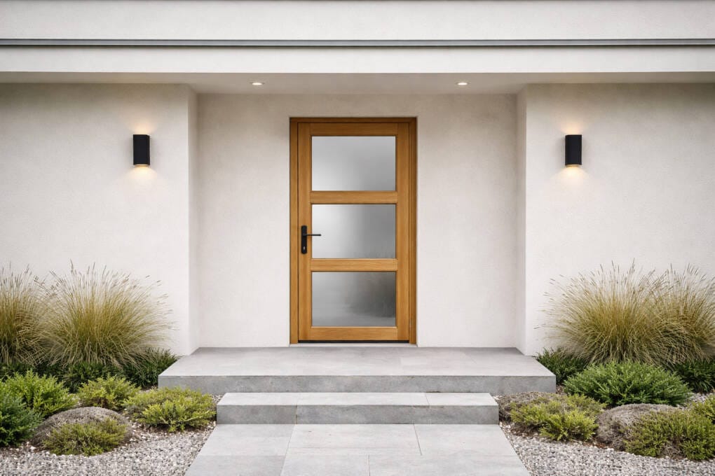 Modern home entrance with timber front door, natural render exterior, and minimalist landscaping with grasses and stone pathway.