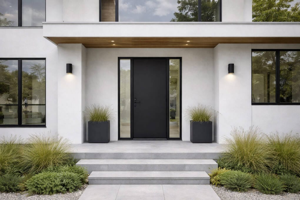 Modern home entrance with black steel composite front door, narrow side glass panels, white rendered façade, and minimalist landscaping.