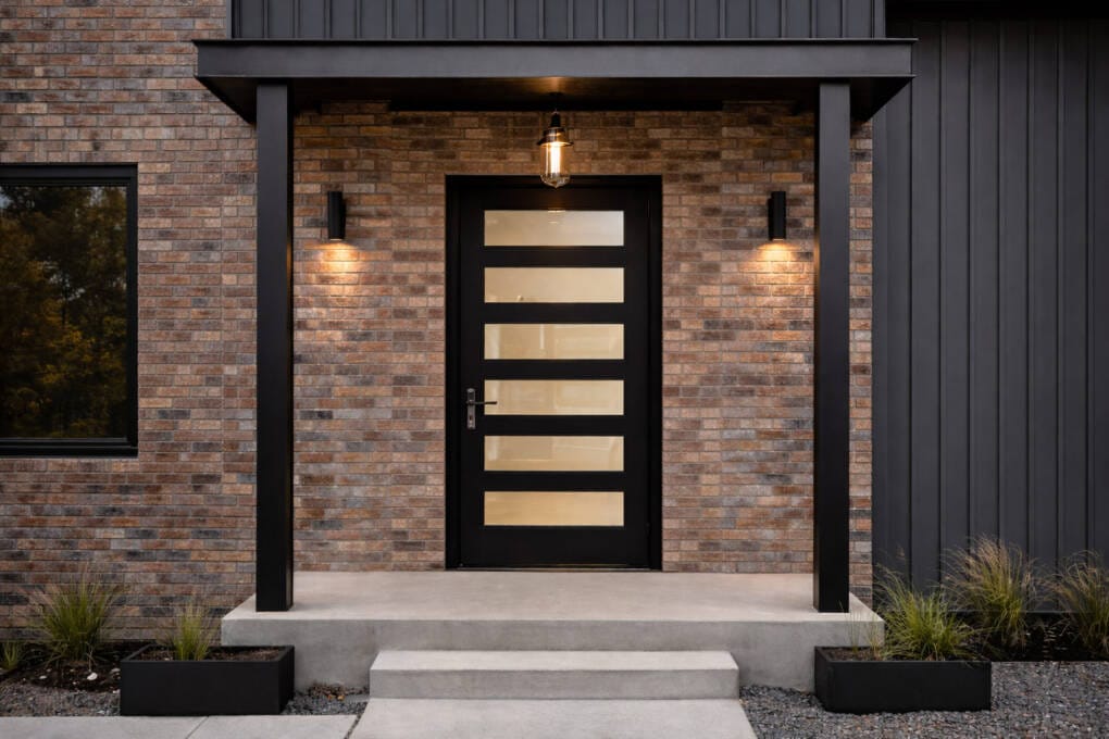 Modern home entrance with black aluminium front door featuring horizontal glass panels, brick façade, and contemporary porch lighting.