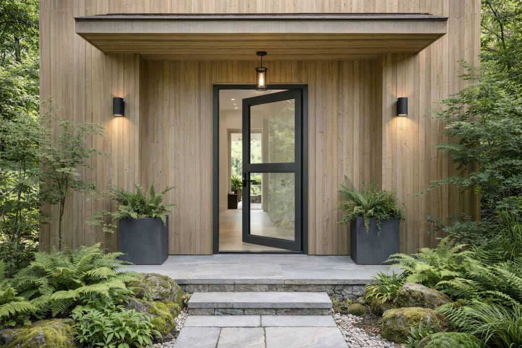 Modern home entrance with single front door in black frame, timber cladding façade, and landscaped garden with stone pathway and planters.