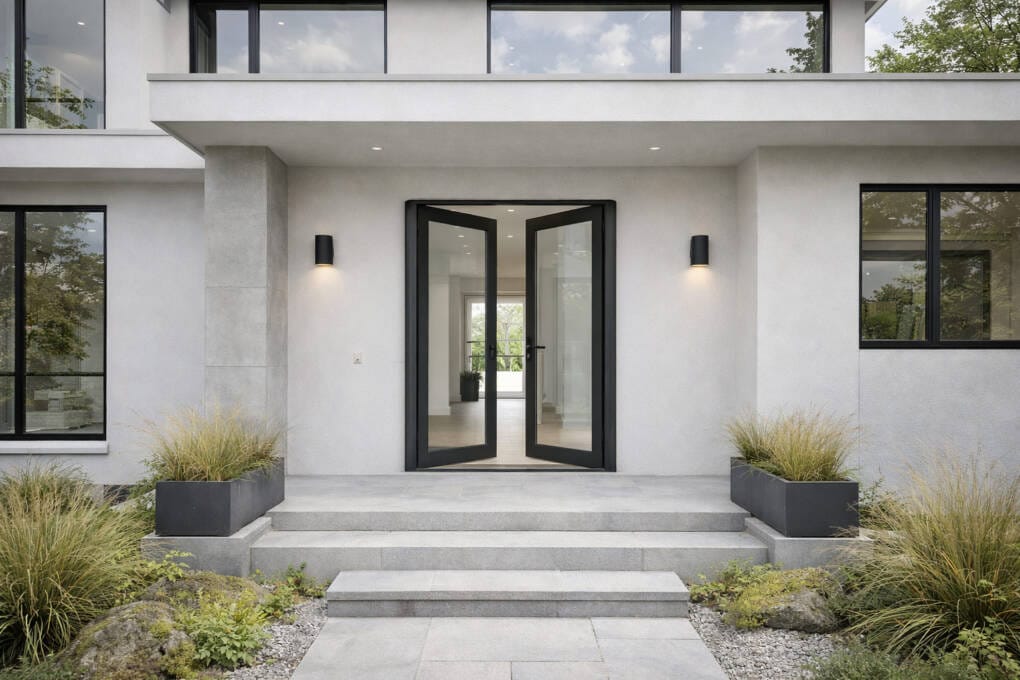Modern home entrance with double front doors in black aluminium frame, rendered façade, and contemporary landscaping.