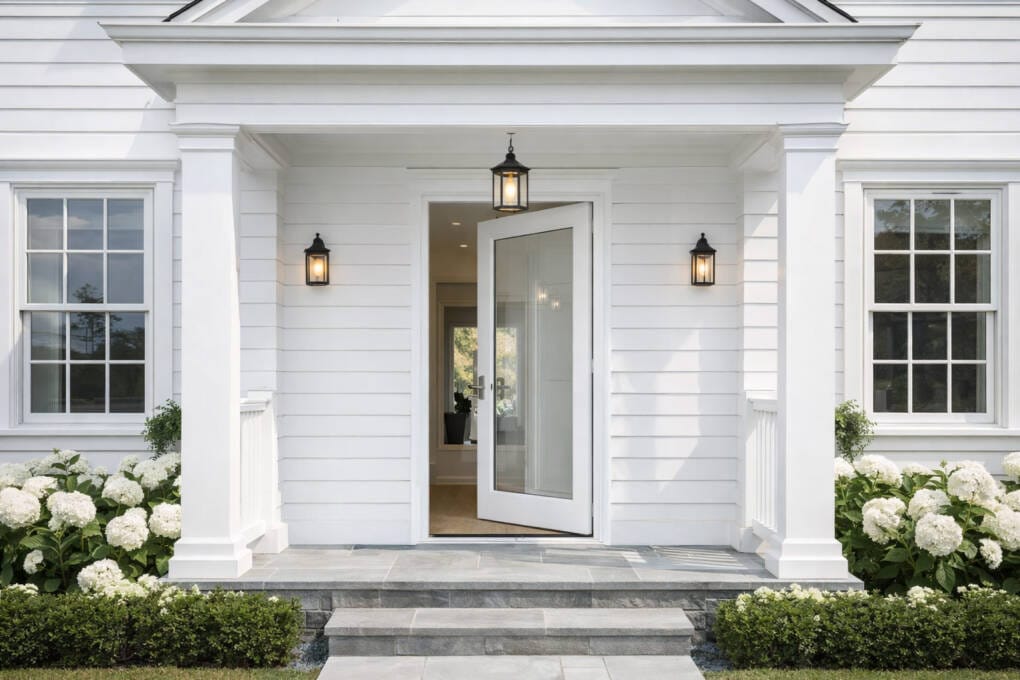 Modern home entrance with white glass front door, classic columns, and landscaped front porch with stone steps.