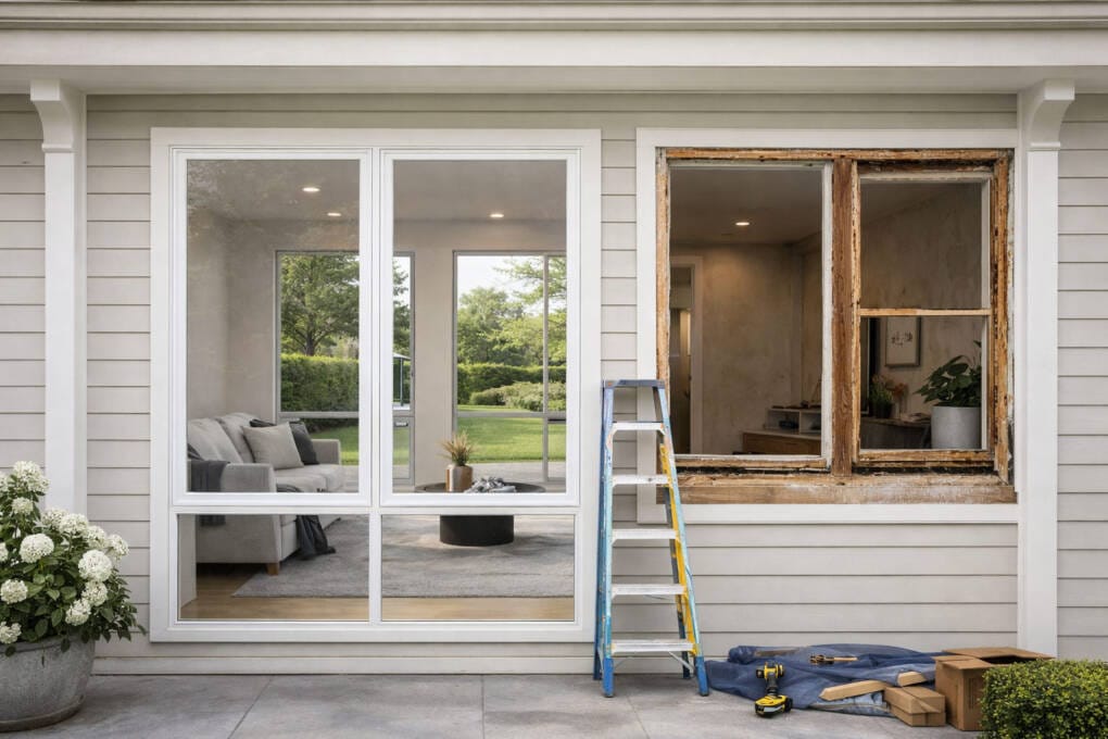 Custom replacement window installed in older home with adjacent original window opening showing size difference