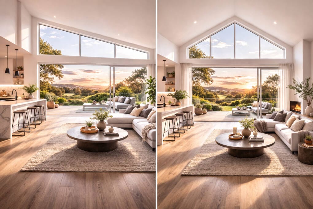 Side-by-side comparison of raked windows and gable windows in contemporary homes showing different roof and window shapes