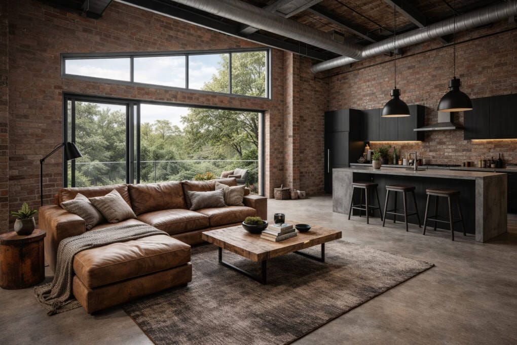 Raked windows in modern industrial home with angled glazing and high ceiling design