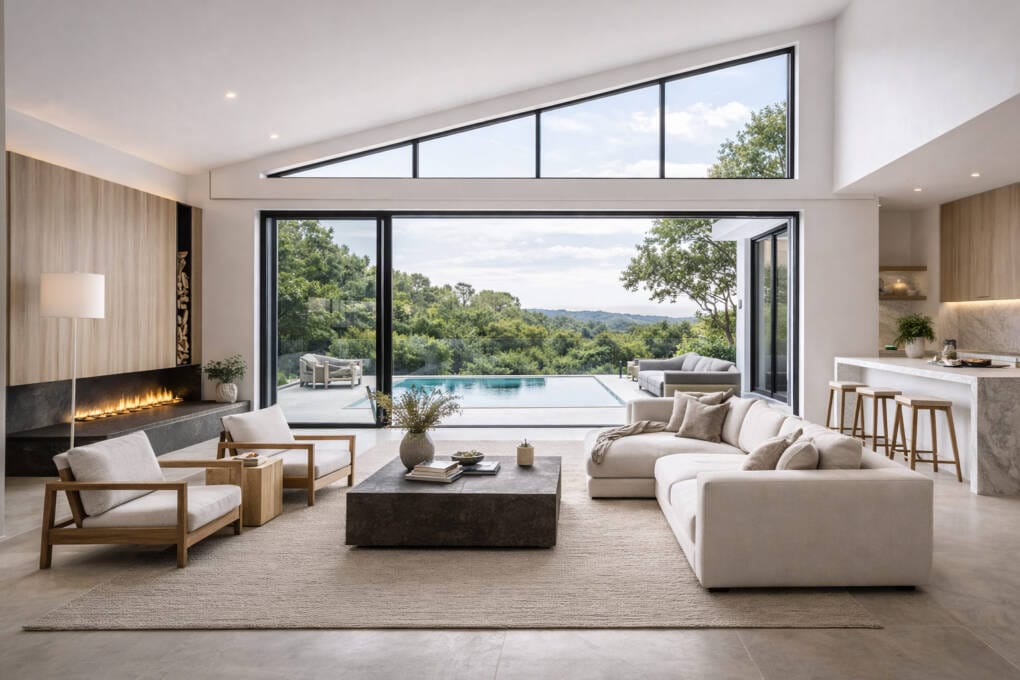 Contemporary home interior with raked windows above large sliding doors overlooking pool and landscape view