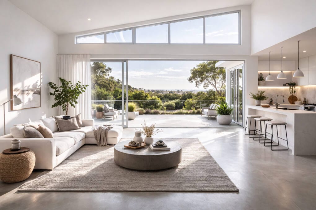 Modern open-plan living area with raked windows above sliding doors creating bright natural light and indoor-outdoor connection