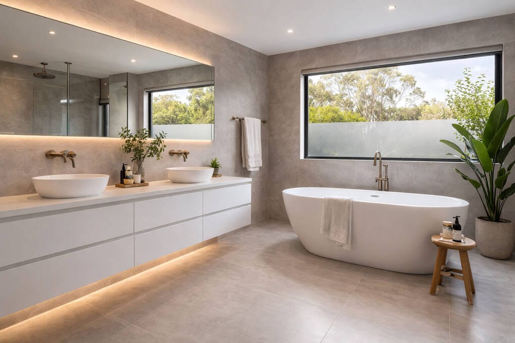 Freestanding bath in a large Australian master bathroom showing spacious bath layout