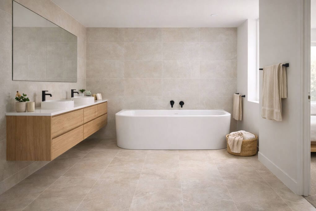 1700mm back to wall bath in a standard Australian family bathroom layout