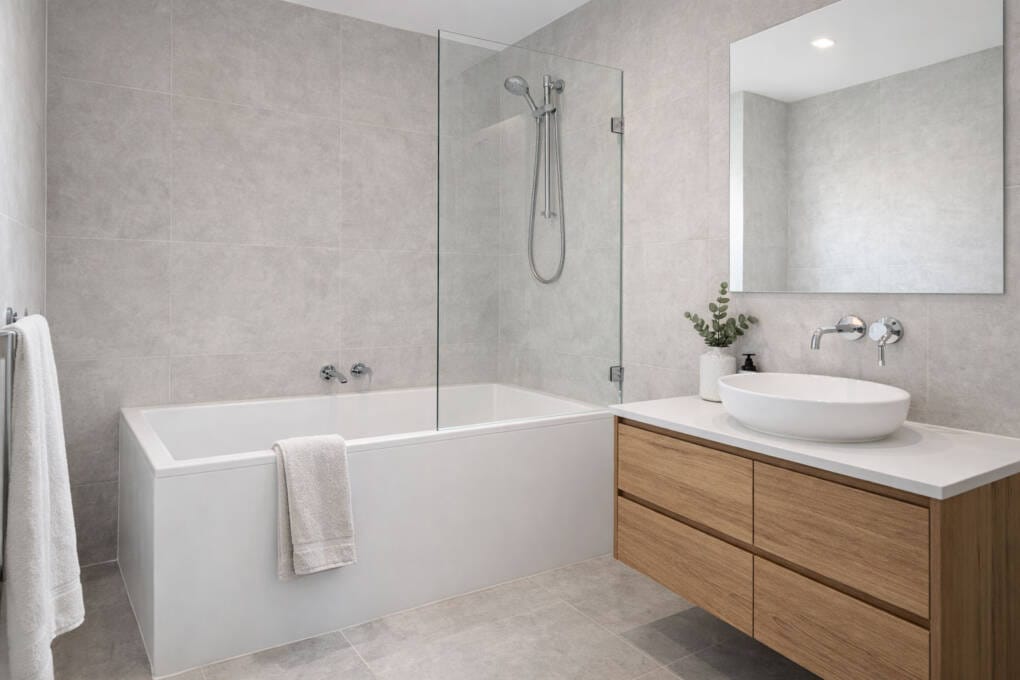 Back to wall bath in a compact Australian bathroom layout suitable for smaller bath sizes