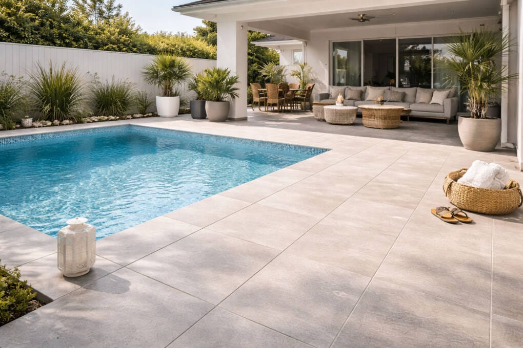 Large format outdoor tiles used for a modern swimming pool deck