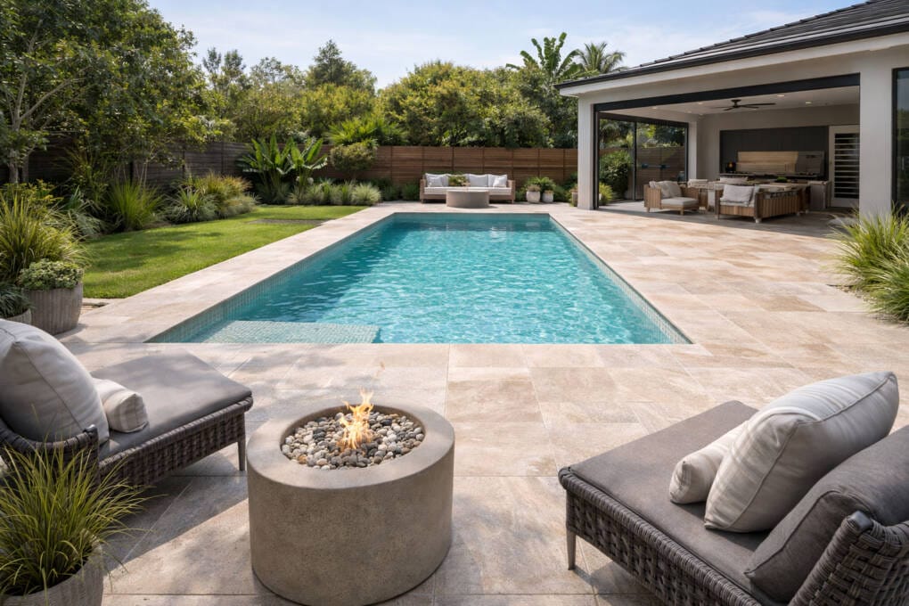 Stone look porcelain tiles used for a modern pool surround