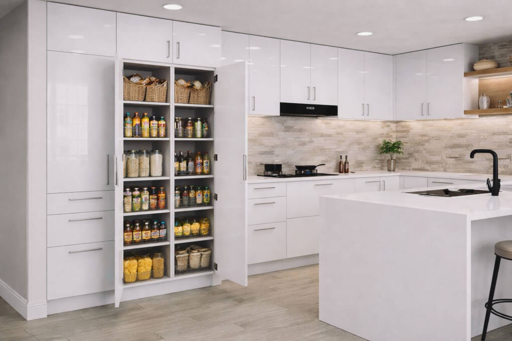 Double pantry cupboard created using two tall kitchen pantry cabinets