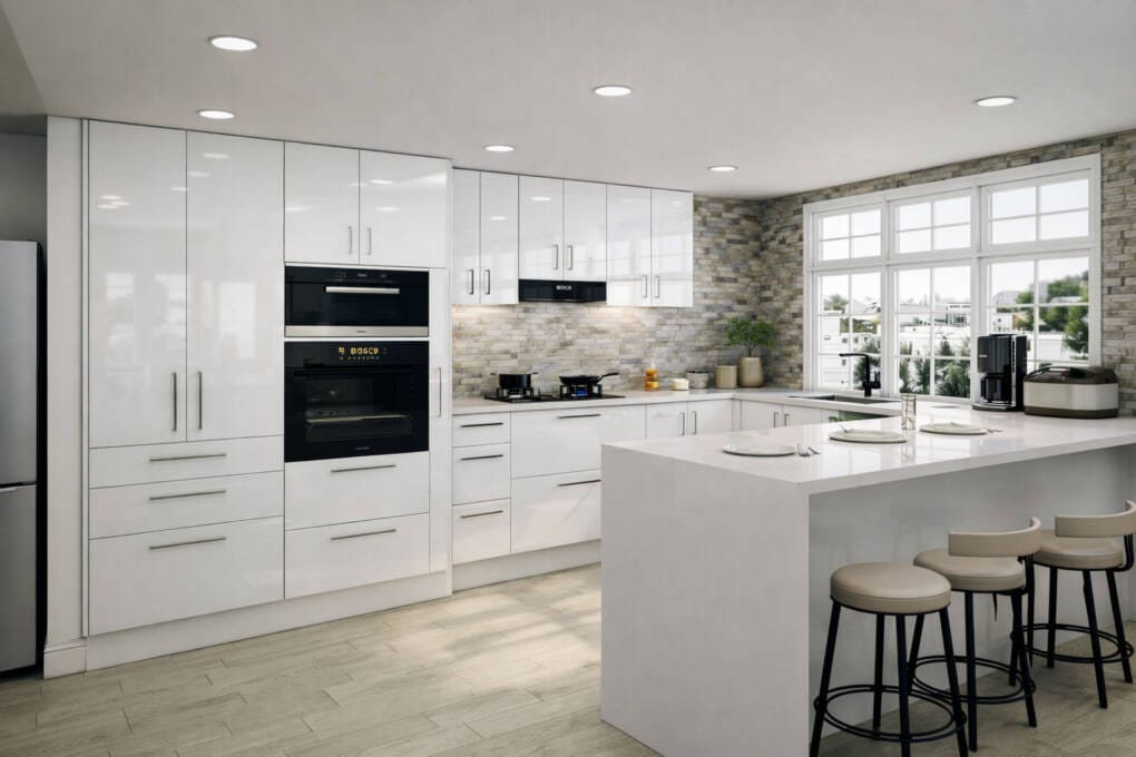 Kitchen pantry cupboard with pantry topper cabinet extending storage to near ceiling height