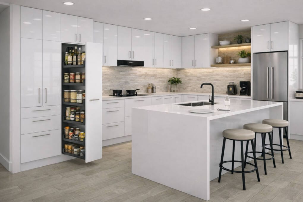 Pull out pantry cupboard with sliding shelves in a modern kitchen