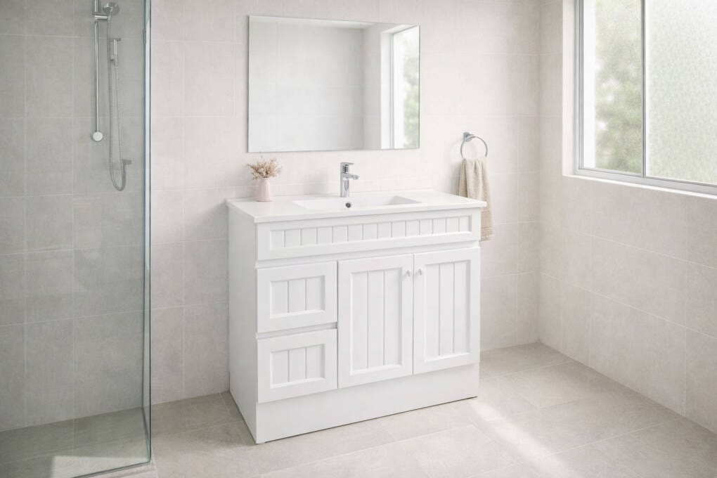 900mm shaker style bathroom vanity in a modern tiled Australian bathroom with walk in shower