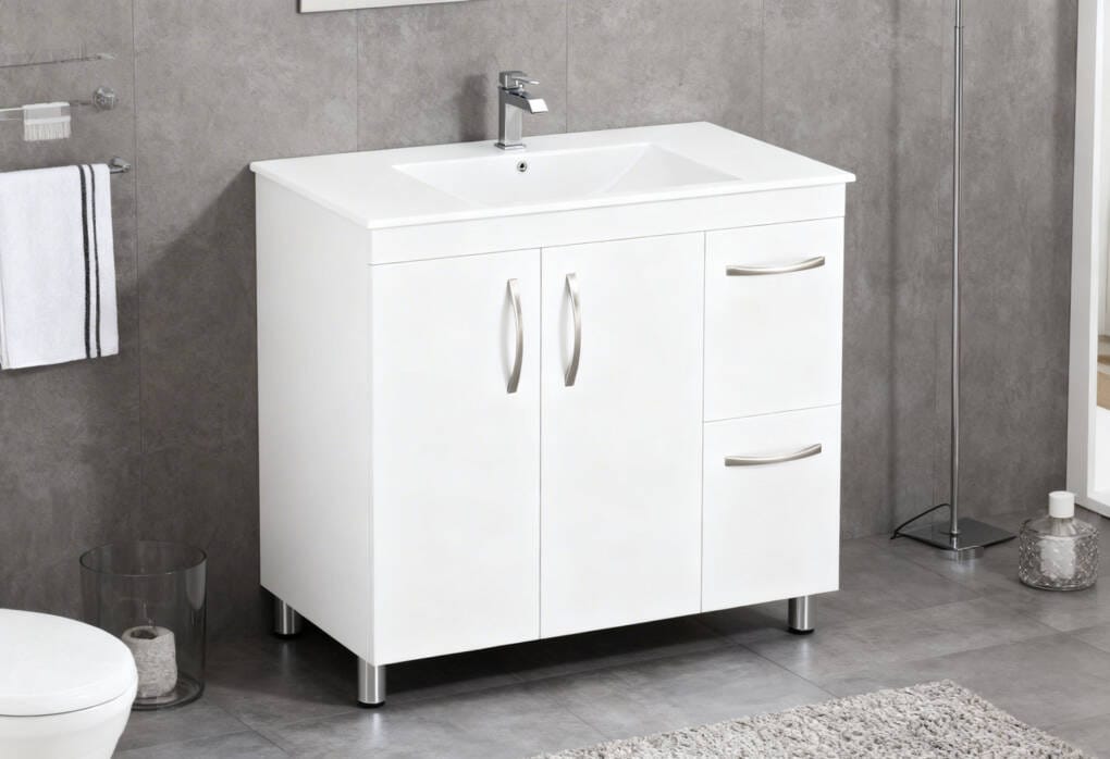 900mm freestanding vanity with storage drawers in a contemporary grey tiled bathroom
