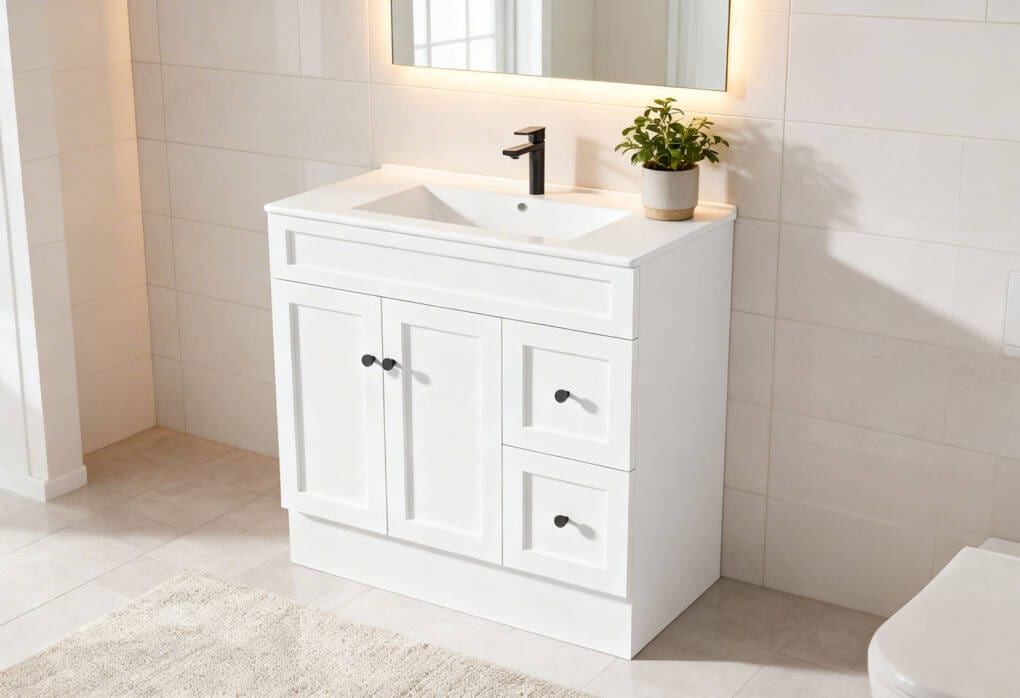 900mm white shaker bathroom vanity with LED mirror and black basin mixer in a modern bathroom