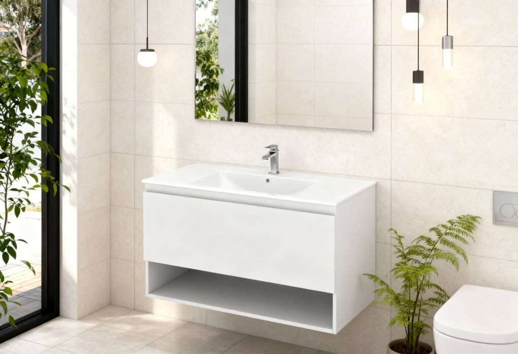 900mm wall-hung vanity in a modern Australian bathroom with neutral tiles and indoor plants