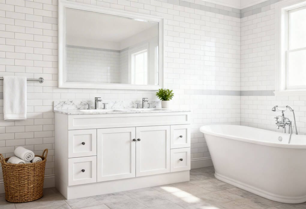 Hamptons-style bathroom with matching chrome tapware including basin mixer, bath tap and towel rail