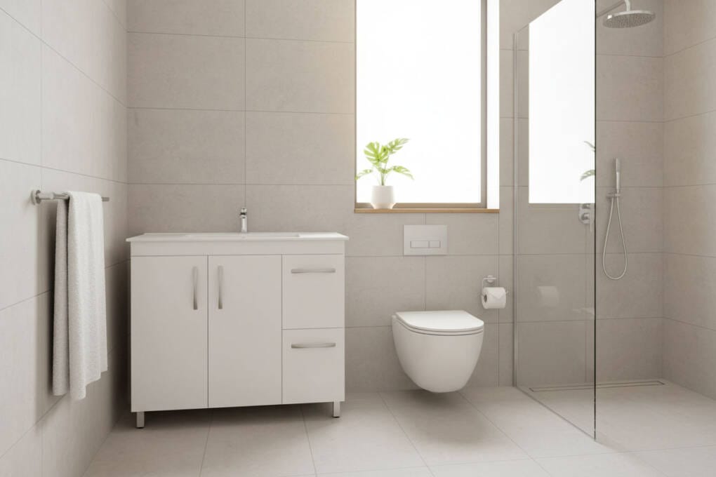 Minimalist bathroom with coordinated chrome bathroom tapware and matching accessories