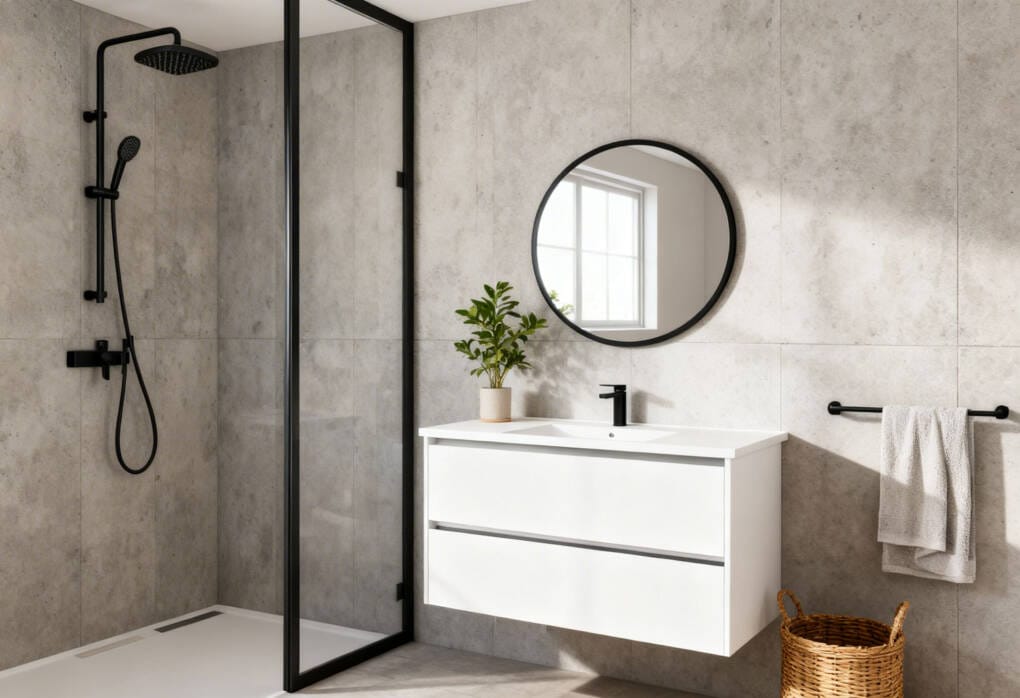 Contemporary bathroom featuring matching matte black basin tap, shower tapware and accessories
