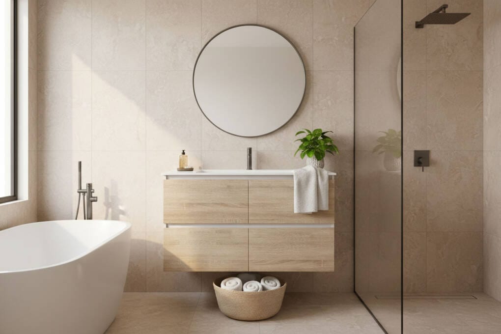 Warm beige bathroom with coordinated gunmetal tapware across basin mixer, shower and bath
