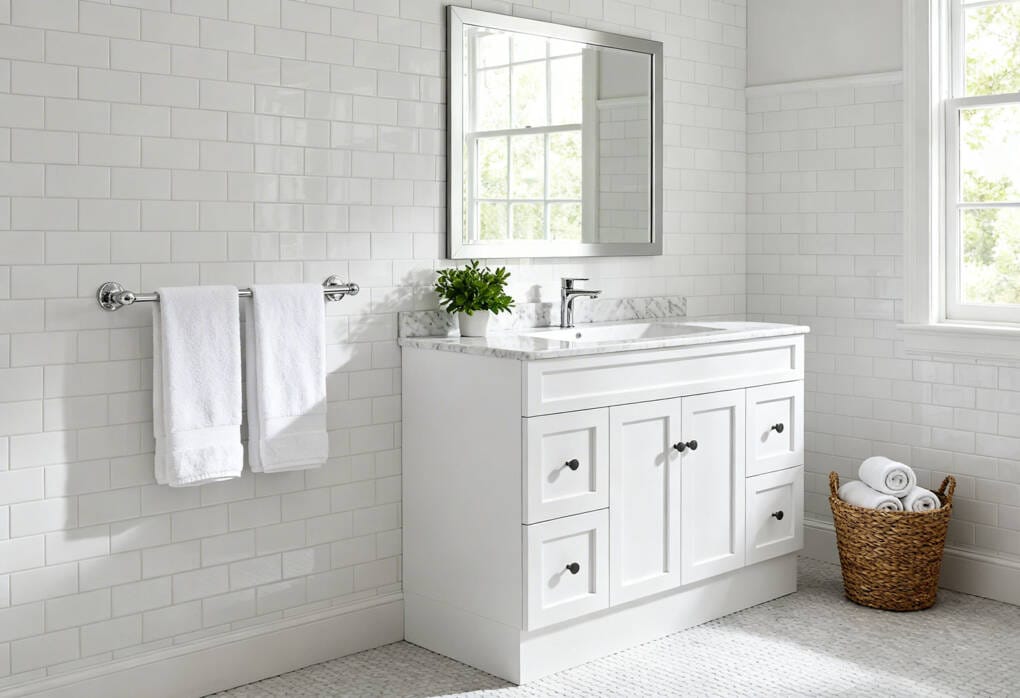 Chrome horizontal towel rail in a bright Hamptons style bathroom with white subway tiles