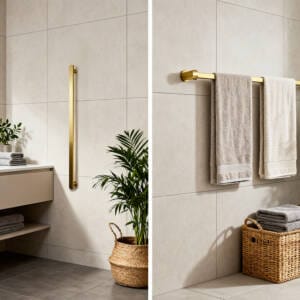 Split screen comparison of vertical towel rail and horizontal towel rail in modern bathrooms