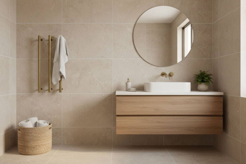 Vertical brushed gold towel rails in a warm beige modern bathroom beside a floating timber vanity