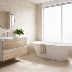Freestanding bath in a modern bathroom showing the type of bathtub commonly priced when estimating bath cost in Perth