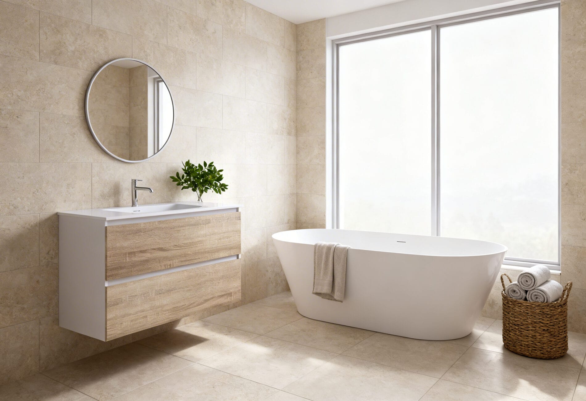 Freestanding bath in a modern bathroom showing the type of bathtub commonly priced when estimating bath cost in Perth