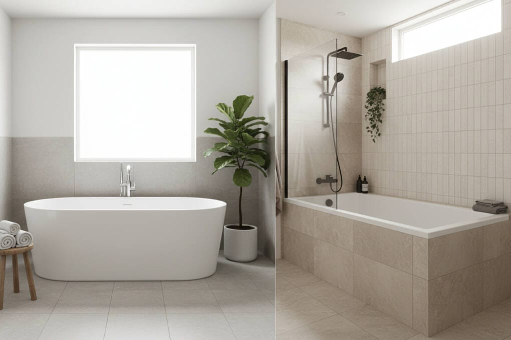 Split comparison showing freestanding bath and inset bathtub styles often compared when calculating bath cost and installation cost in Perth