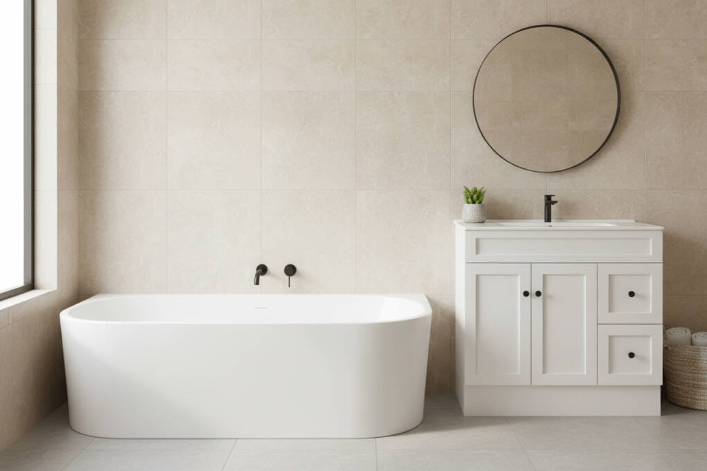 Back-to-wall bath in a modern bathroom, a popular bathtub style often compared when estimating bath cost in Perth