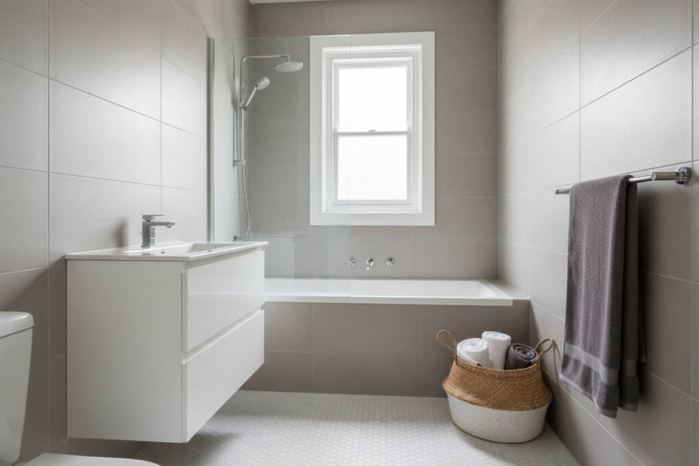 Inset bathtub with shower above in a modern family bathroom often used when comparing bath installation costs in Perth