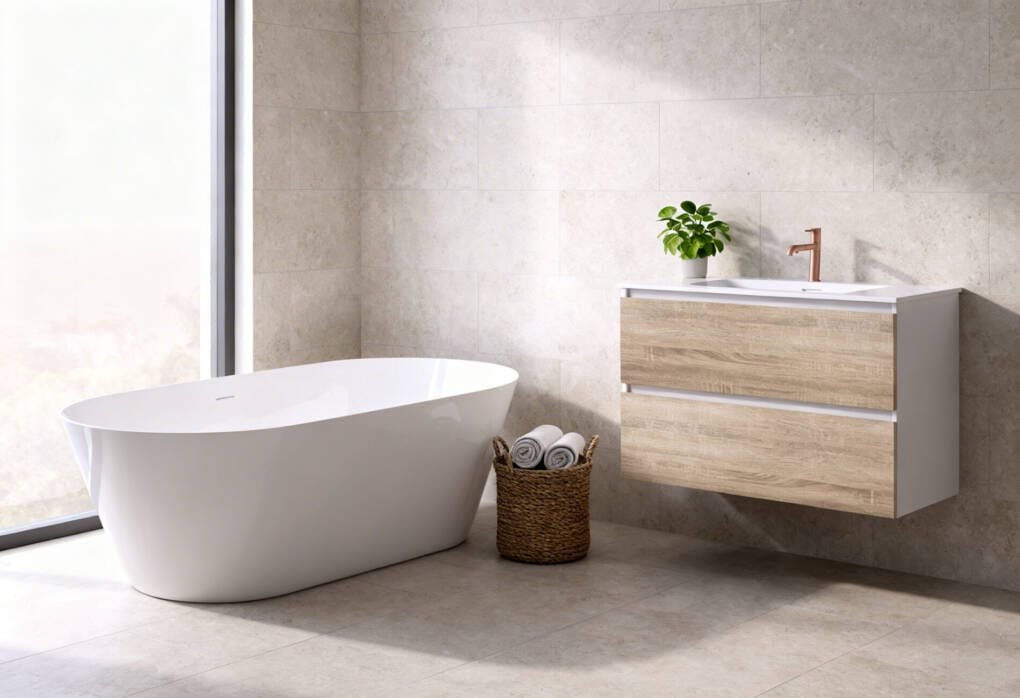Modern bathroom with freestanding bathtub and timber vanity showing a common bath style used in Perth renovation cost comparisons