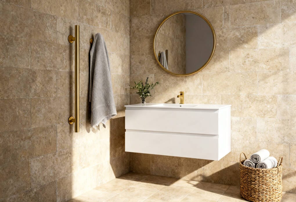 Vertical towel rail beside a floating vanity in a compact bathroom, a space-saving accessory ideal for small bathrooms