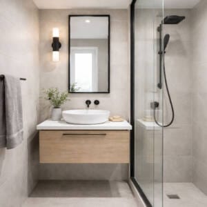 Small bathroom with floating vanity and wall-mounted towel rail showing space-saving bathroom accessories