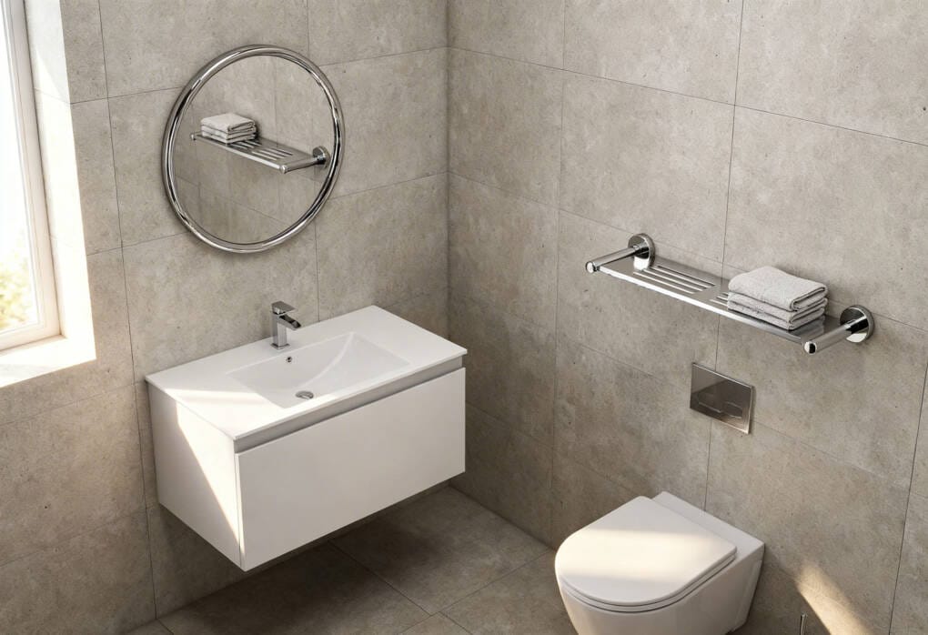 Wall-mounted bathroom shelf and towel rail providing practical storage and accessories for a small bathroom