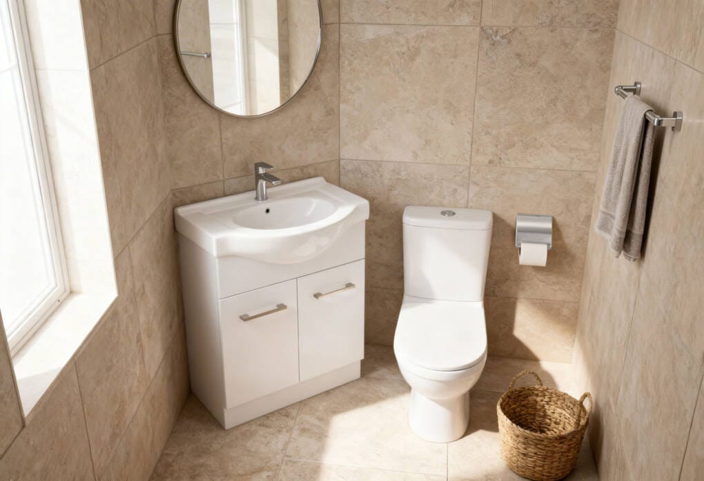 Slim toilet roll holder and towel rail in a compact bathroom layout designed for small bathroom accessories