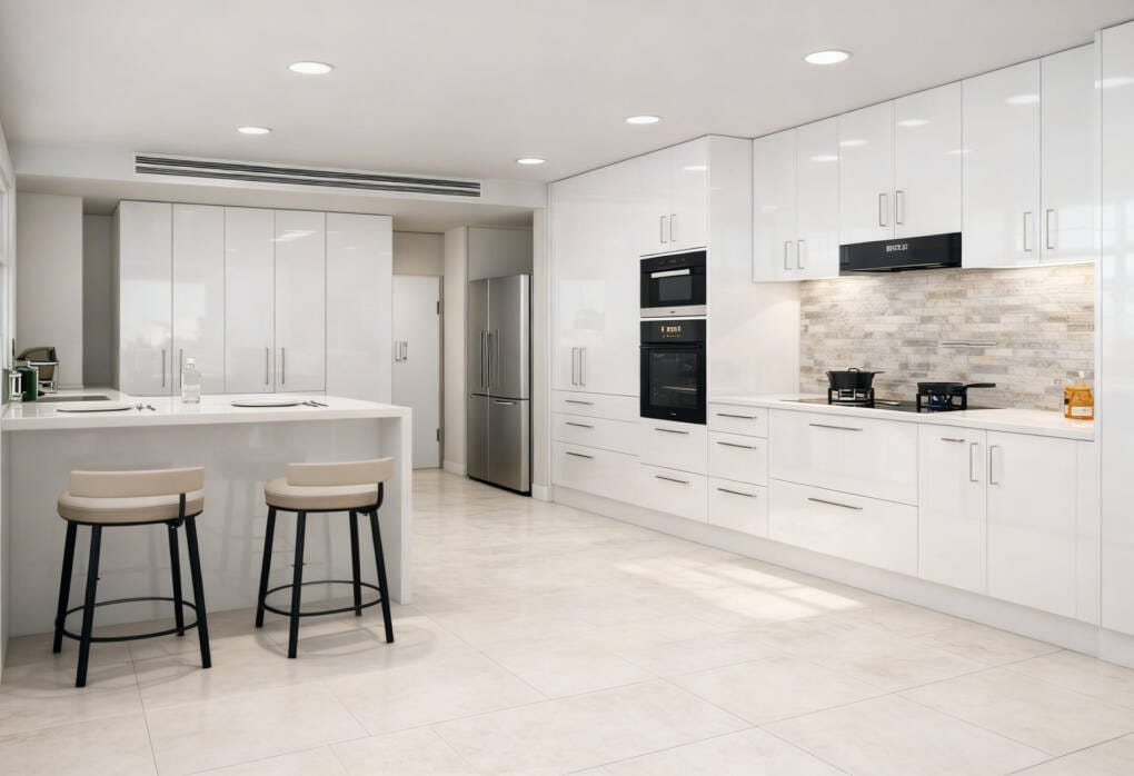 Modern Perth kitchen featuring large porcelain floor tiles, white cabinetry, and island bench in a contemporary Australian home.