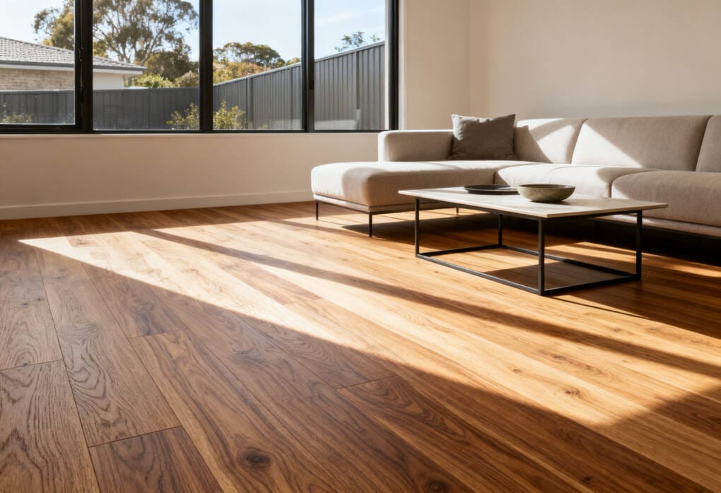 Modern Australian living room featuring hybrid timber flooring with natural sunlight through large windows.