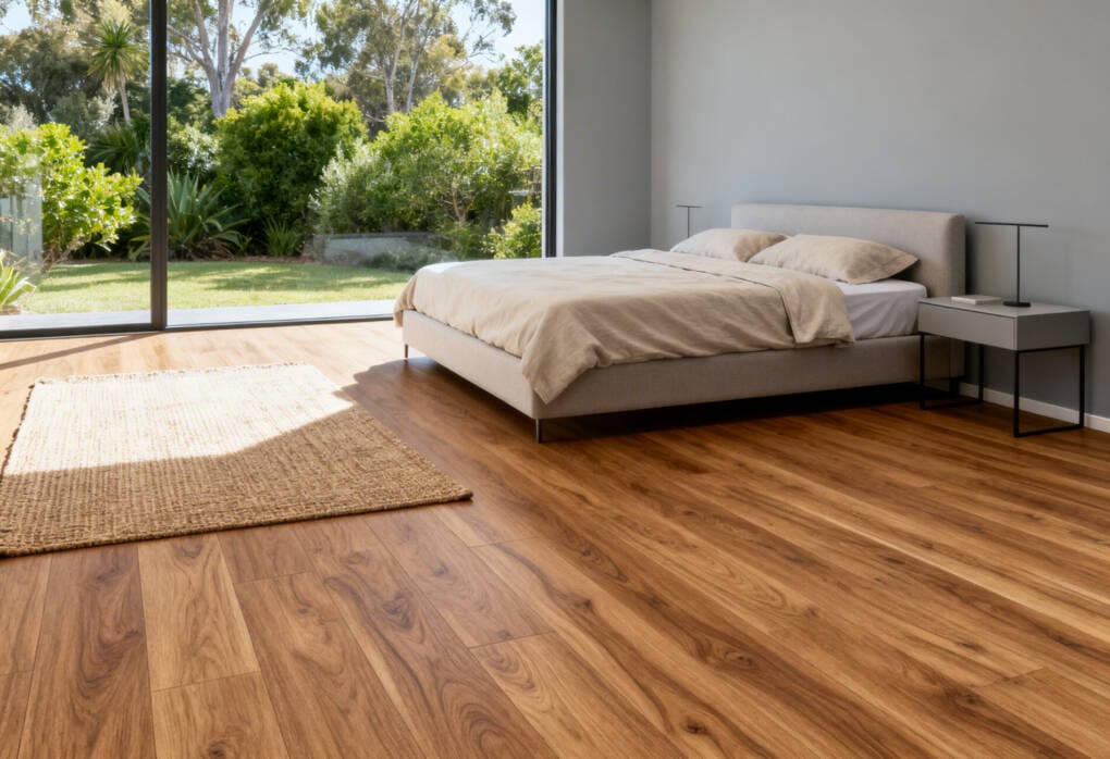 Timber-look laminate flooring in a modern Perth bedroom, showing realistic wood grain flooring used in dry living spaces.