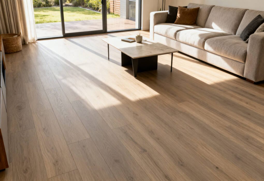 Timber-look vinyl flooring in a modern Perth living room with natural sunlight and contemporary furniture.