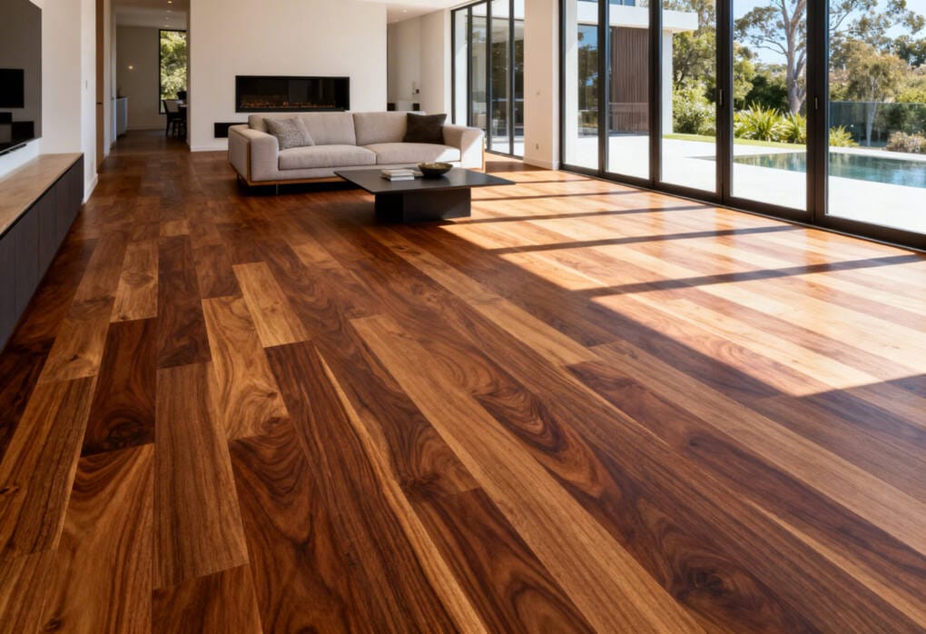 Premium engineered timber flooring in a modern open-plan Perth home showcasing natural wood grain and warm timber tones.