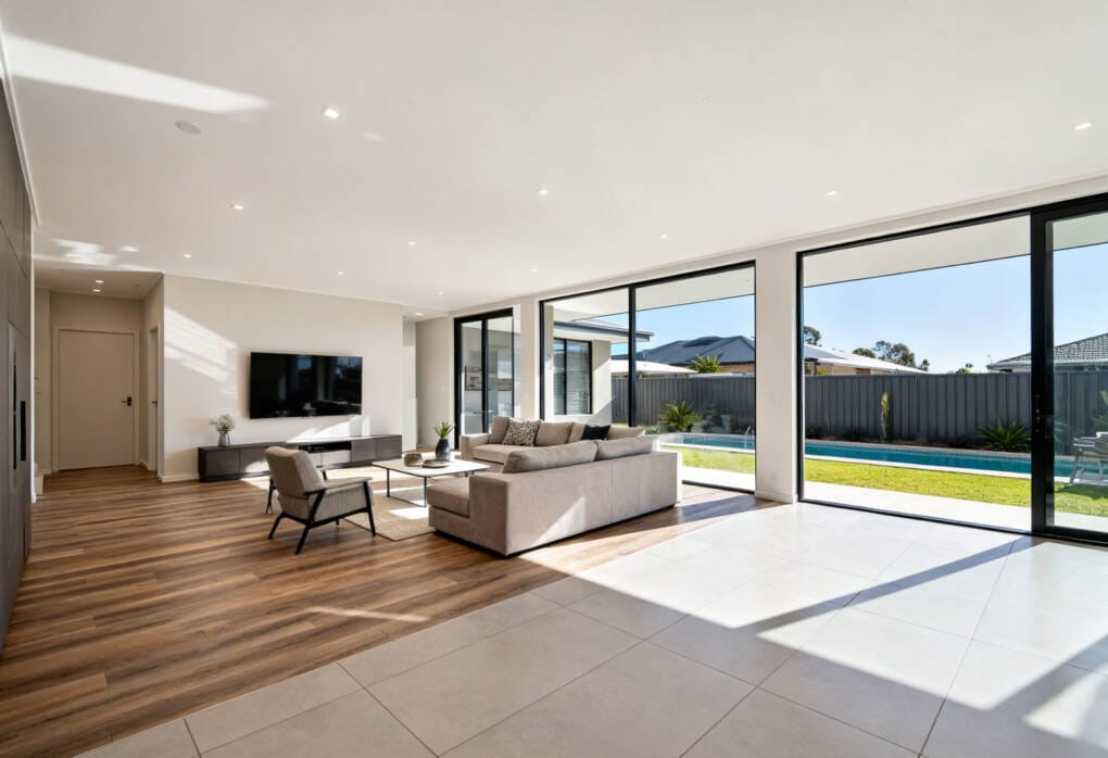 Modern Australian home interior showing the contrast between porcelain tile flooring and timber flooring in an open plan living space.