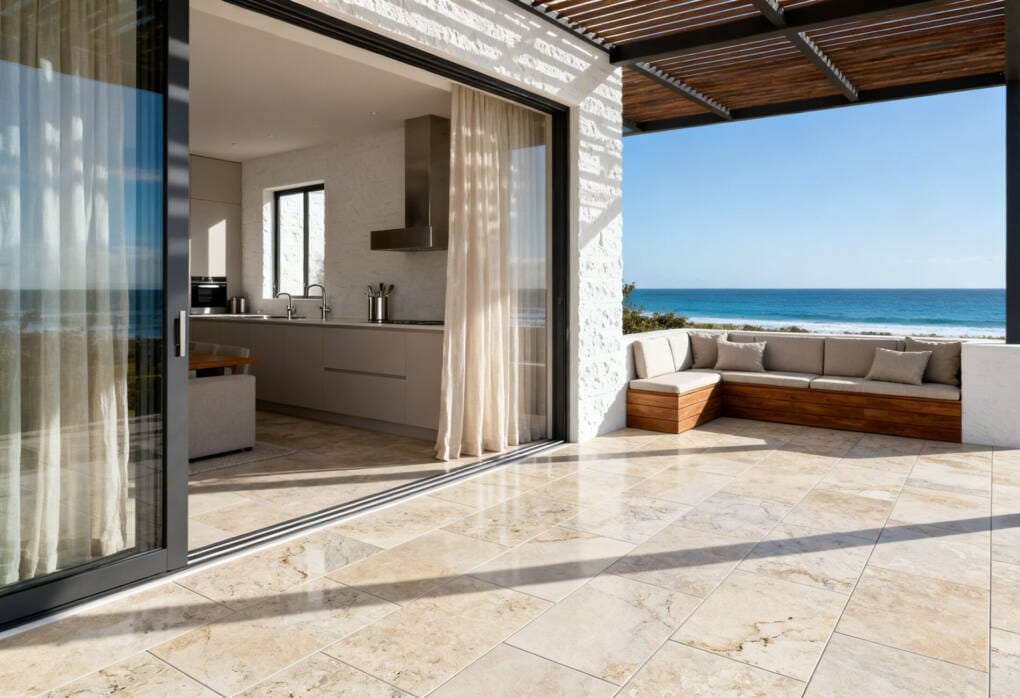 Modern Perth home with seamless indoor-outdoor living space using the same stone-look tiles inside and on the outdoor patio.