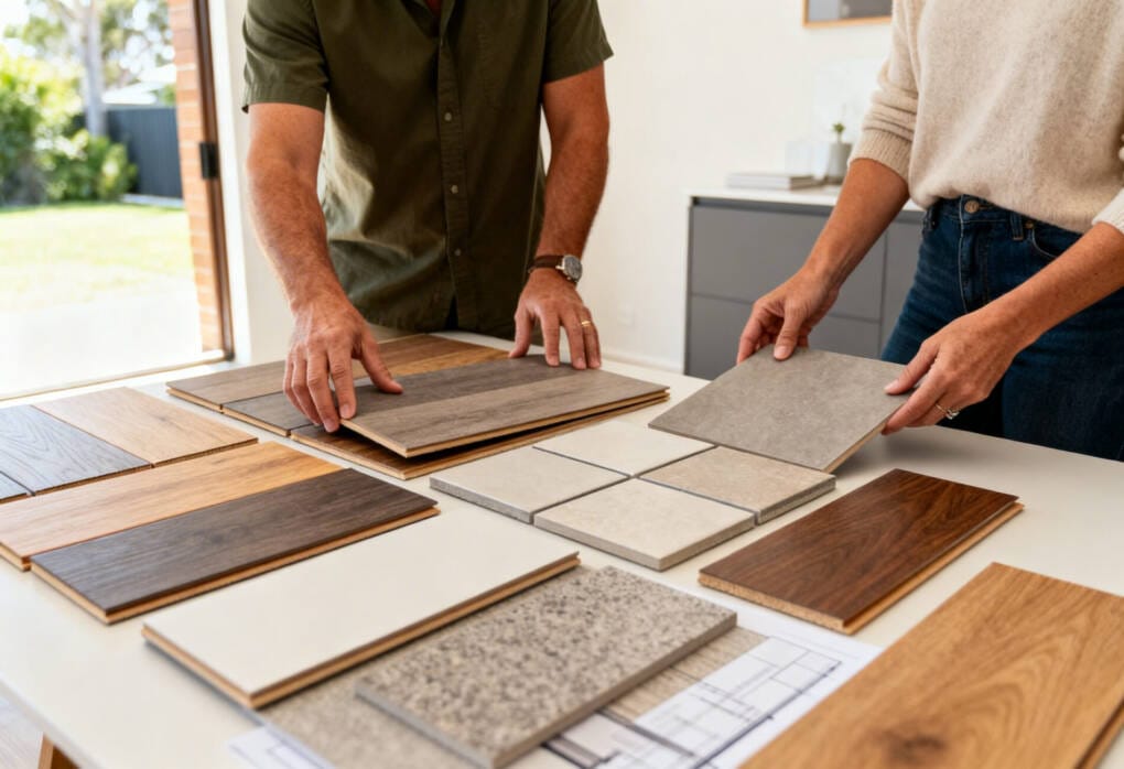 Couple comparing flooring samples including timber, tile, and hybrid flooring while planning a home renovation.