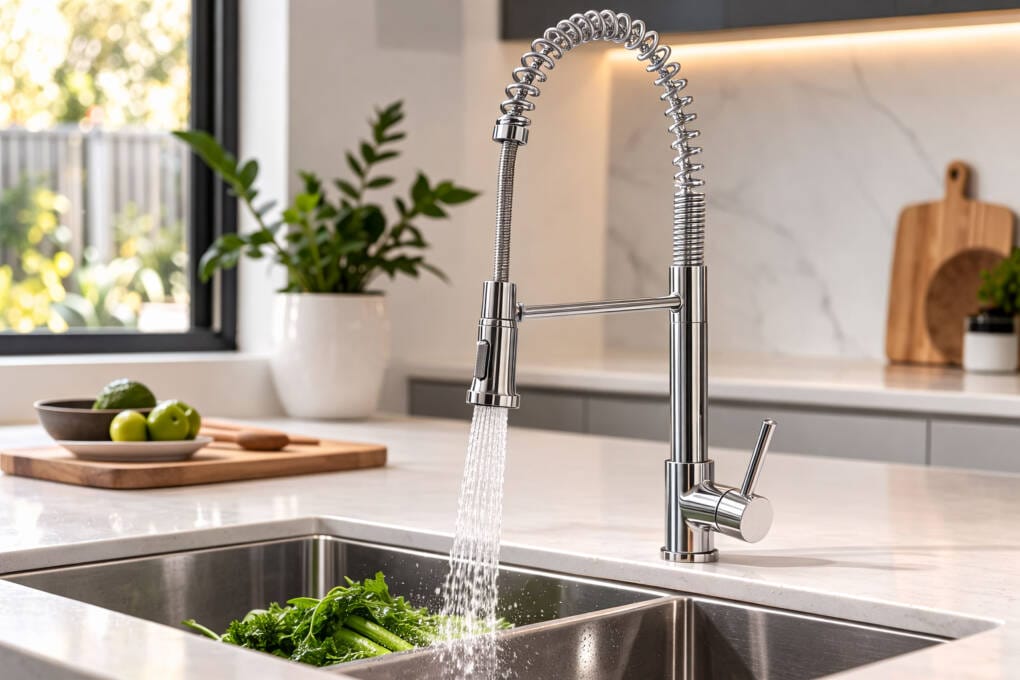 Pull-down kitchen mixer tap with spring coil design spraying water into a stainless steel sink in a modern Australian kitchen.