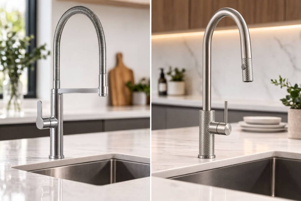 Side-by-side price comparison of pull-down and pull-out kitchen mixer taps in use rinsing food in a modern kitchen sink.